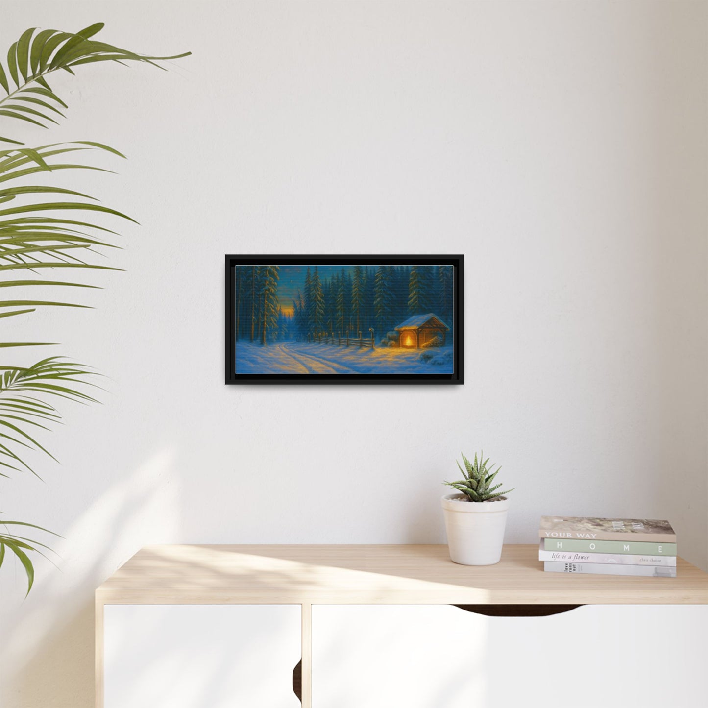 Cozy winter cabin matte framed canvas wall art featuring a snowy forest scene at evening, ideal for winter home decor.
