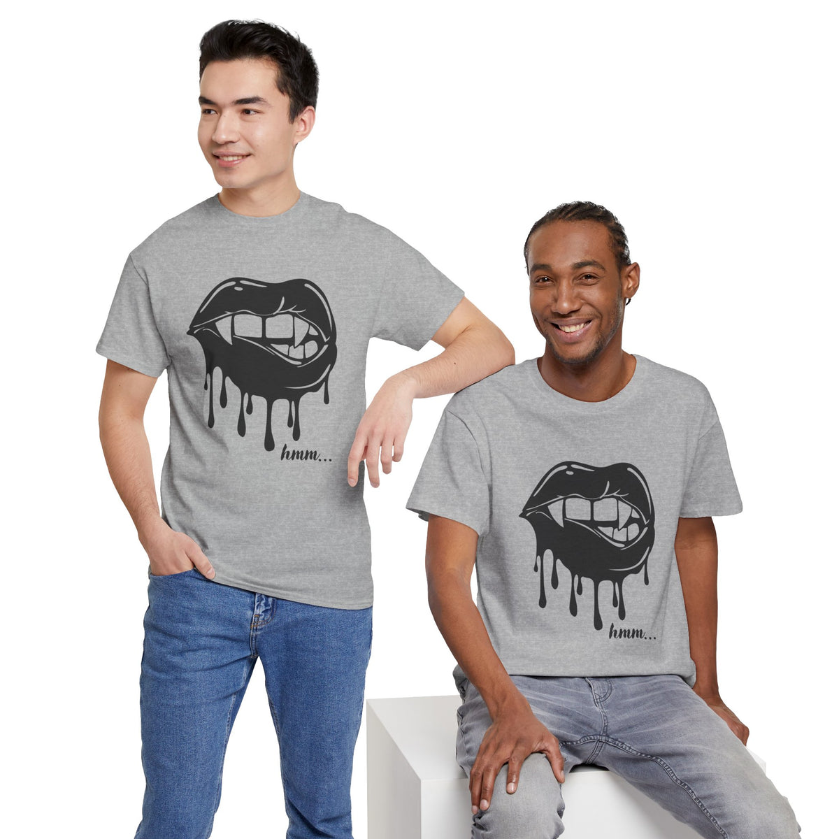 Black graphic T-shirt with dripping lips and "hmm..." bite design, featuring bold artwork on the front.
