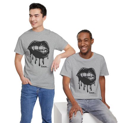 Black graphic T-shirt with dripping lips and "hmm..." bite design, featuring bold artwork on the front.