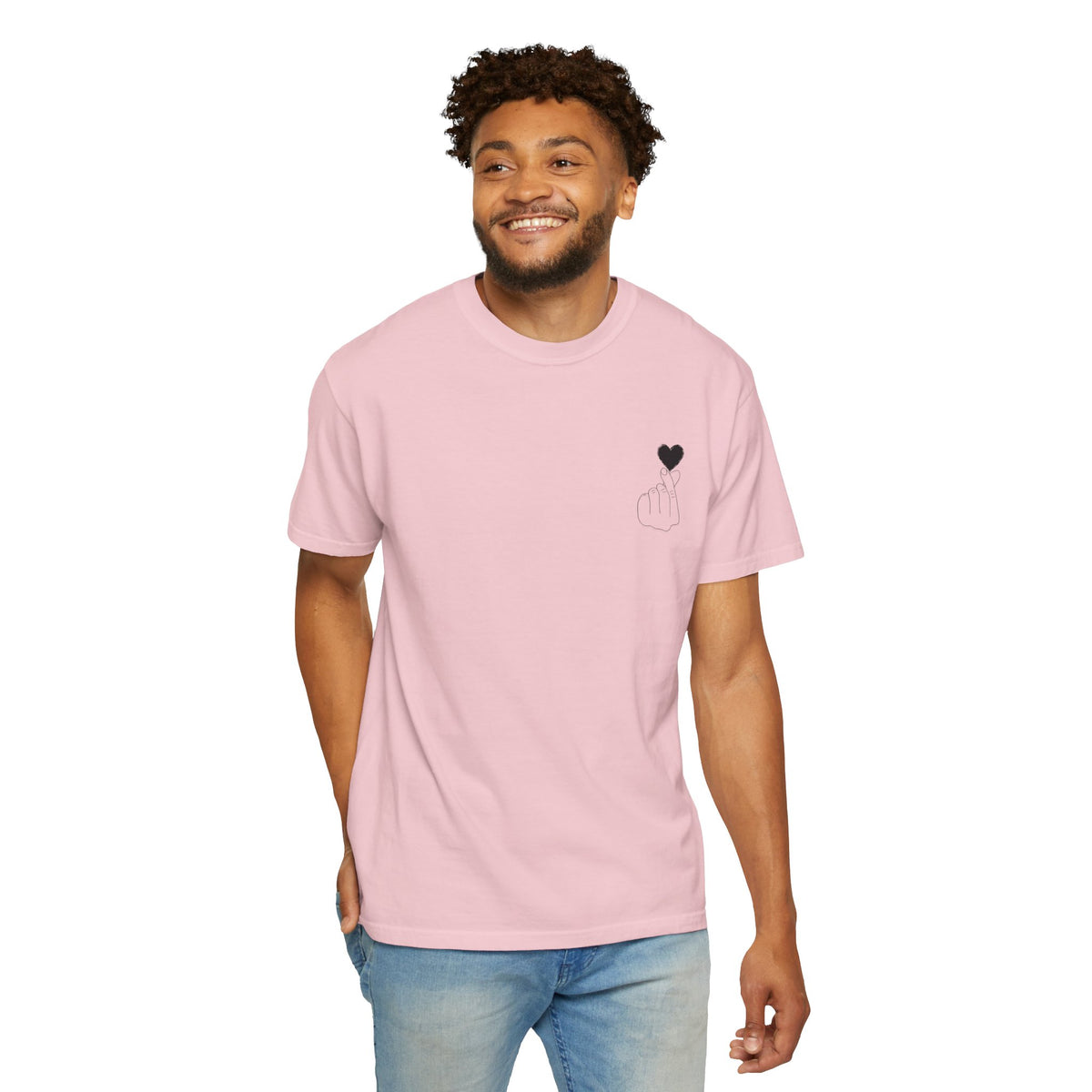 Black T-shirt with a minimal white finger heart graphic, casual style, by Printify, showcasing the front design.