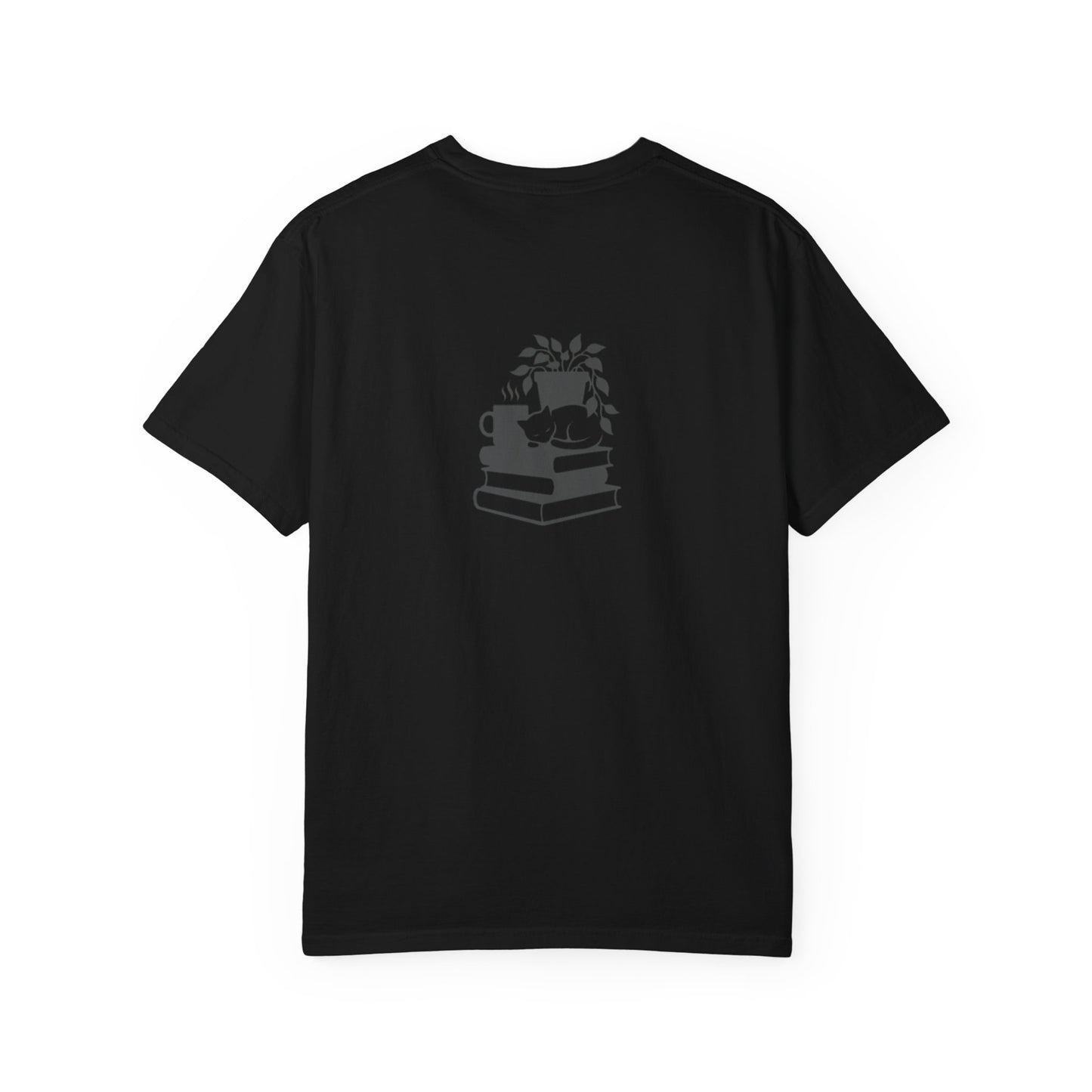 Cozy Cat on Books T-Shirt | Reading Tea Stack Illustration