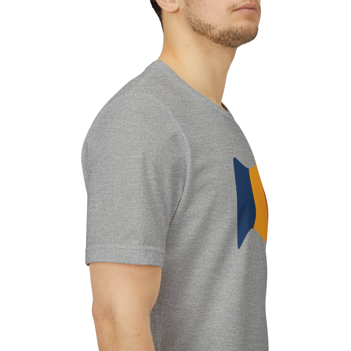 Romania flag T-shirt by Printify featuring a minimal waving tricolor design on comfortable fabric.