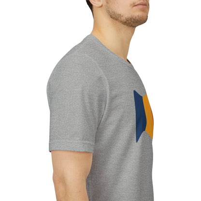 Romania flag T-shirt by Printify featuring a minimal waving tricolor design on comfortable fabric.