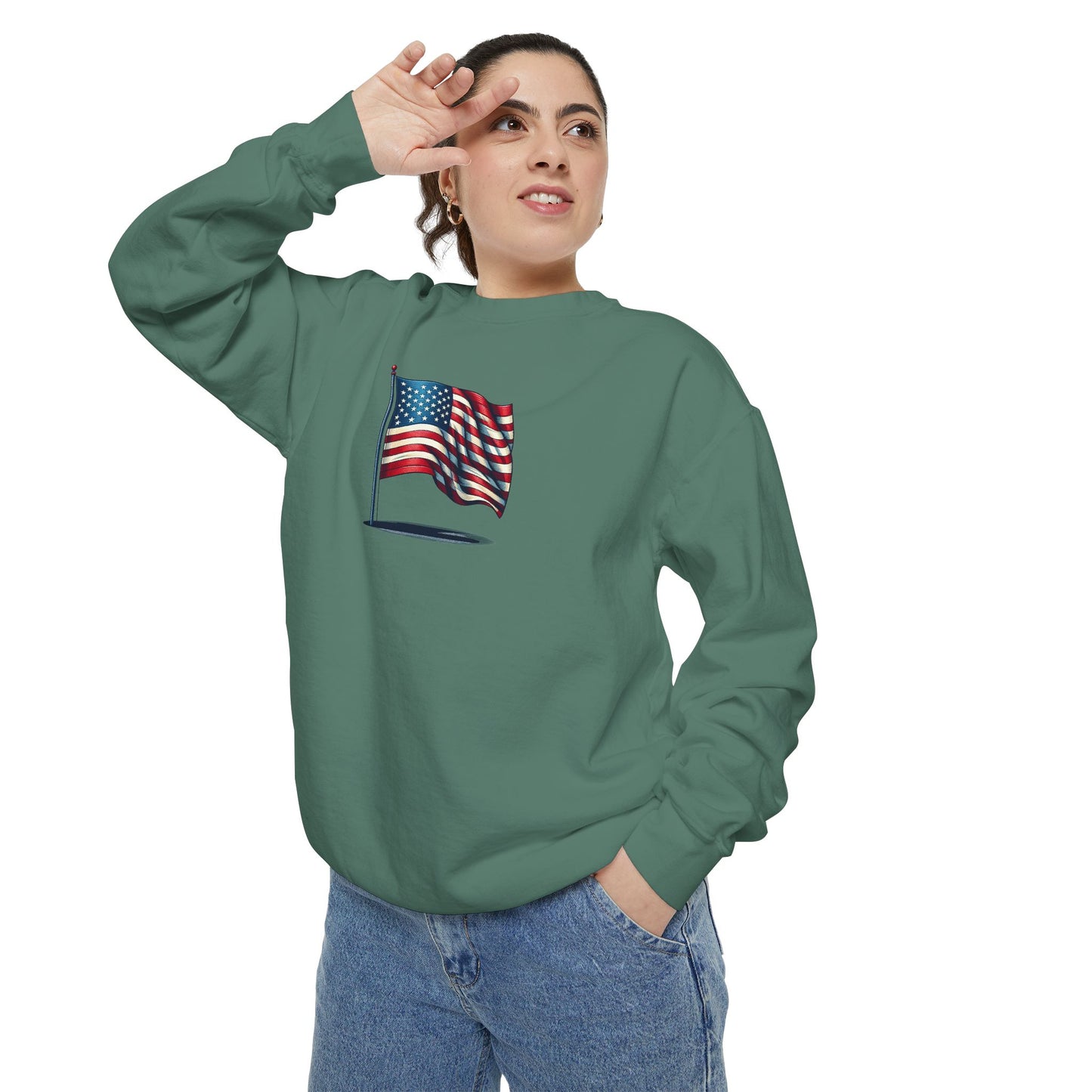 Patriotic Unisex Garment-Dyed Sweatshirt with Vintage American Flag, Cozy Fall Outfit, Statement Sweater, Gift for Veterans, Casual Fashion - TRV