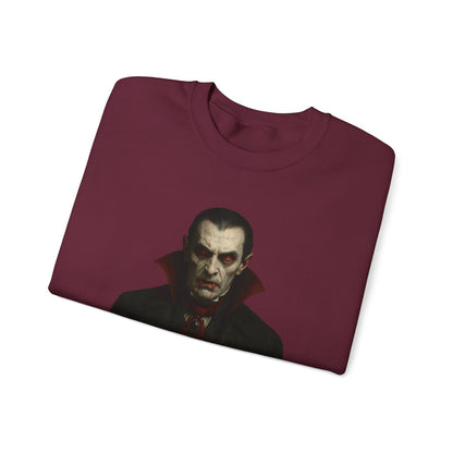 Vampire portrait crewneck sweatshirt by Printify featuring a dark, gothic vampire design on a comfortable black sweatshirt.