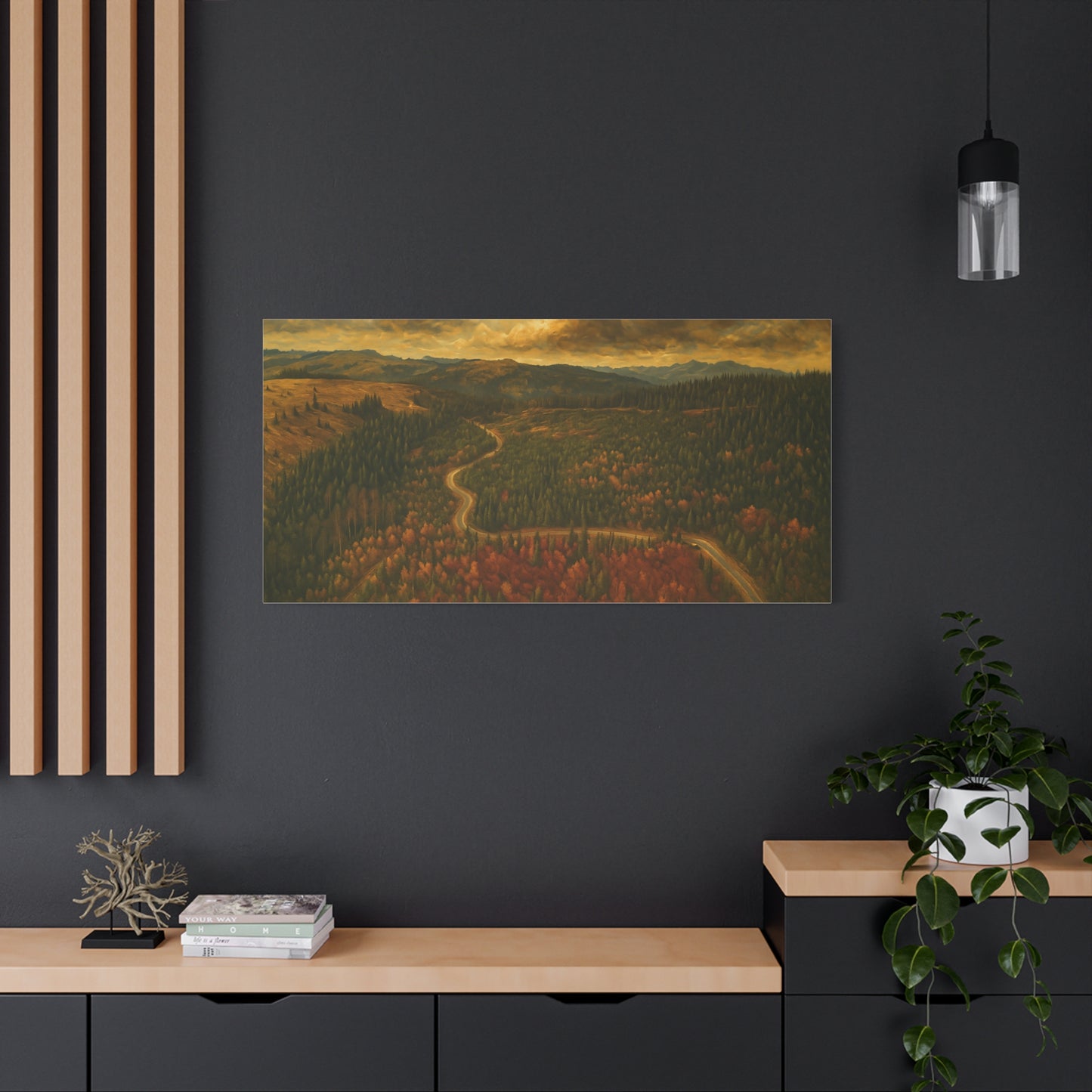 Autumn Ridge Road Moody Forest landscape canvas wall art by Printify, featuring a matte stretched canvas of a moody forest scene.
