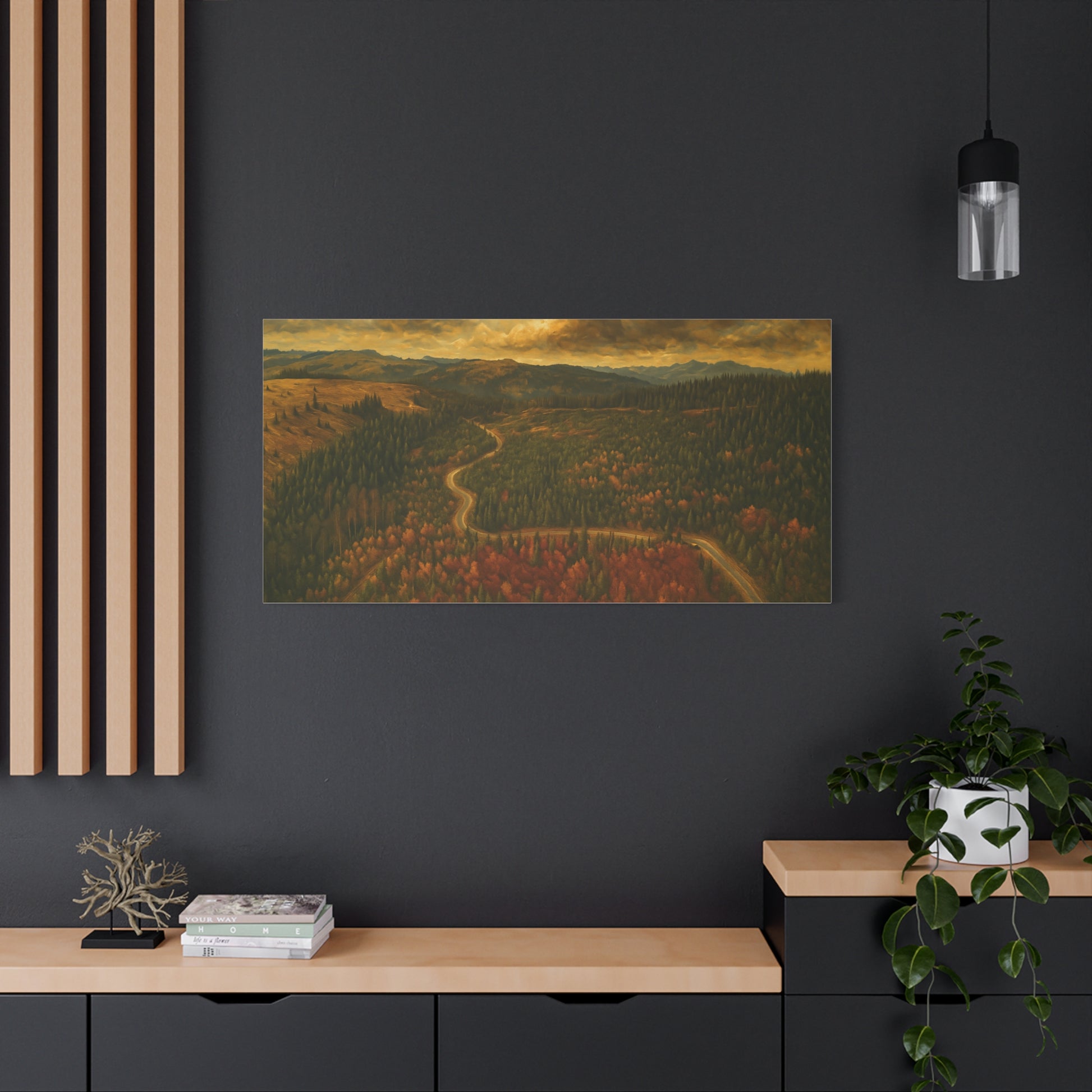 Autumn Ridge Road Moody Forest landscape canvas wall art by Printify, featuring a matte stretched canvas of a moody forest scene.