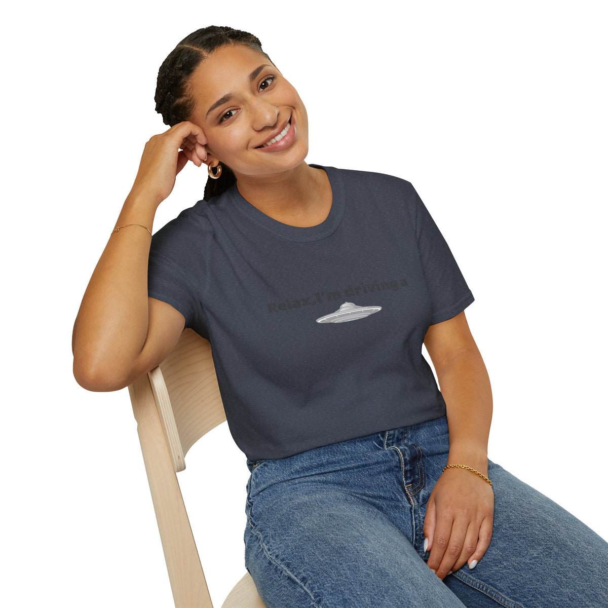 Funny alien graphic T-shirt from Printify featuring a UFO design, perfect for sci-fi fans and casual wear.