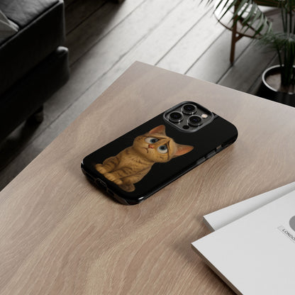 Cute sad kitty design phone case for iPhone, protective Printify cat phone case with a sad kitten illustration.