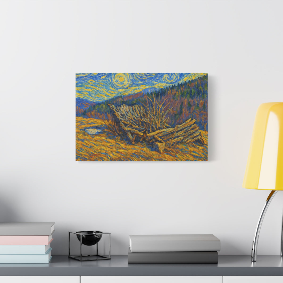 Impressionist Starry Landscape canvas print by Printify, featuring a night sky with stars and a scenic landscape in vibrant colors.