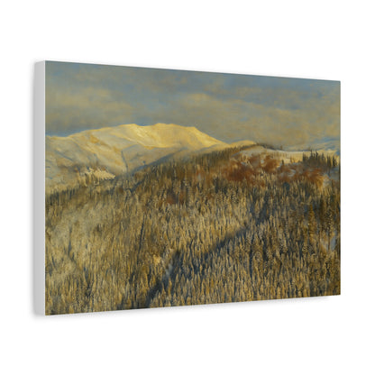 Winter mountain landscape matte canvas print by Printify, stretched 1.25 inches, showcasing a serene snowy mountain scene.