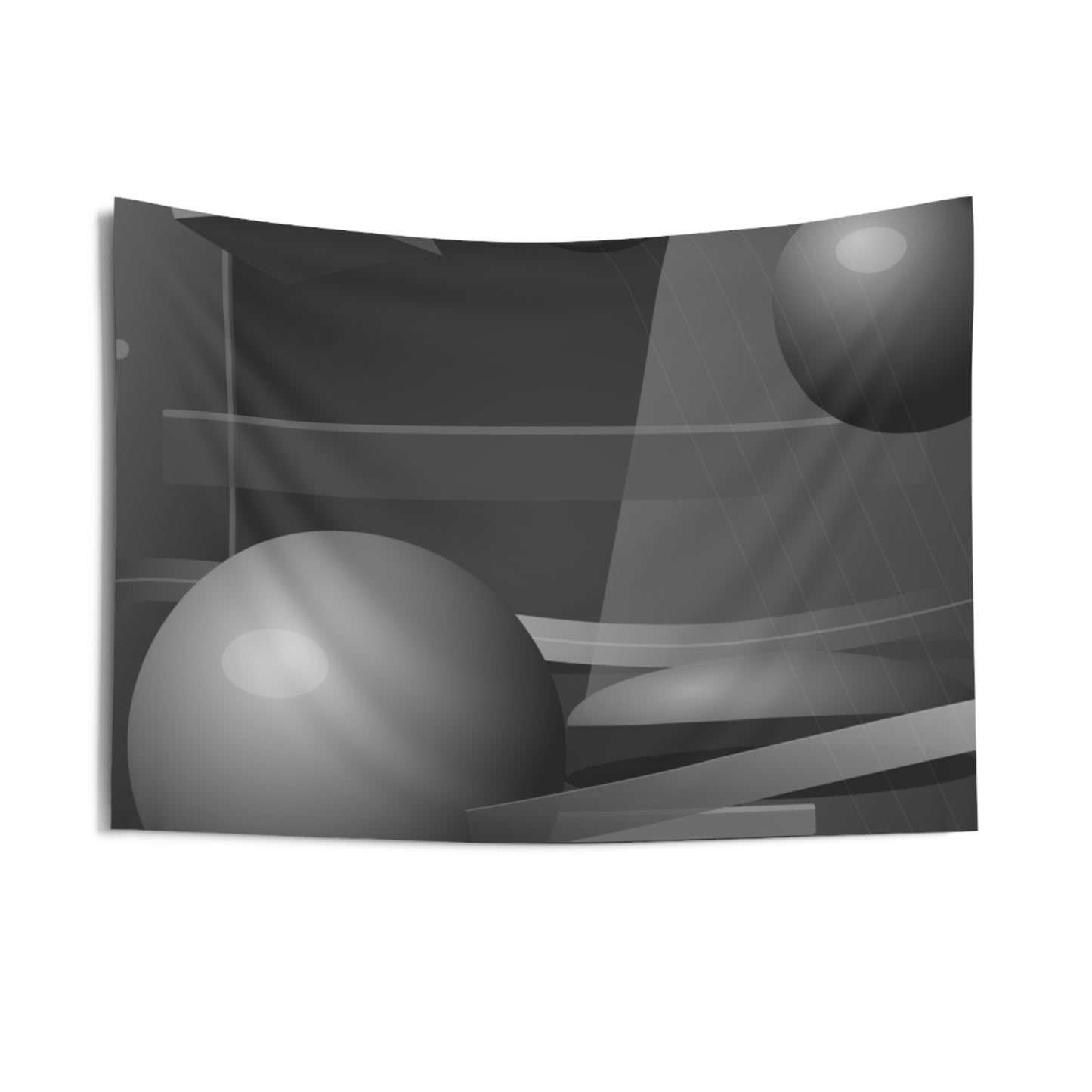 Abstract 3D Geometry Tapestry — Monochrome Floating Spheres & Cubes Wall Art