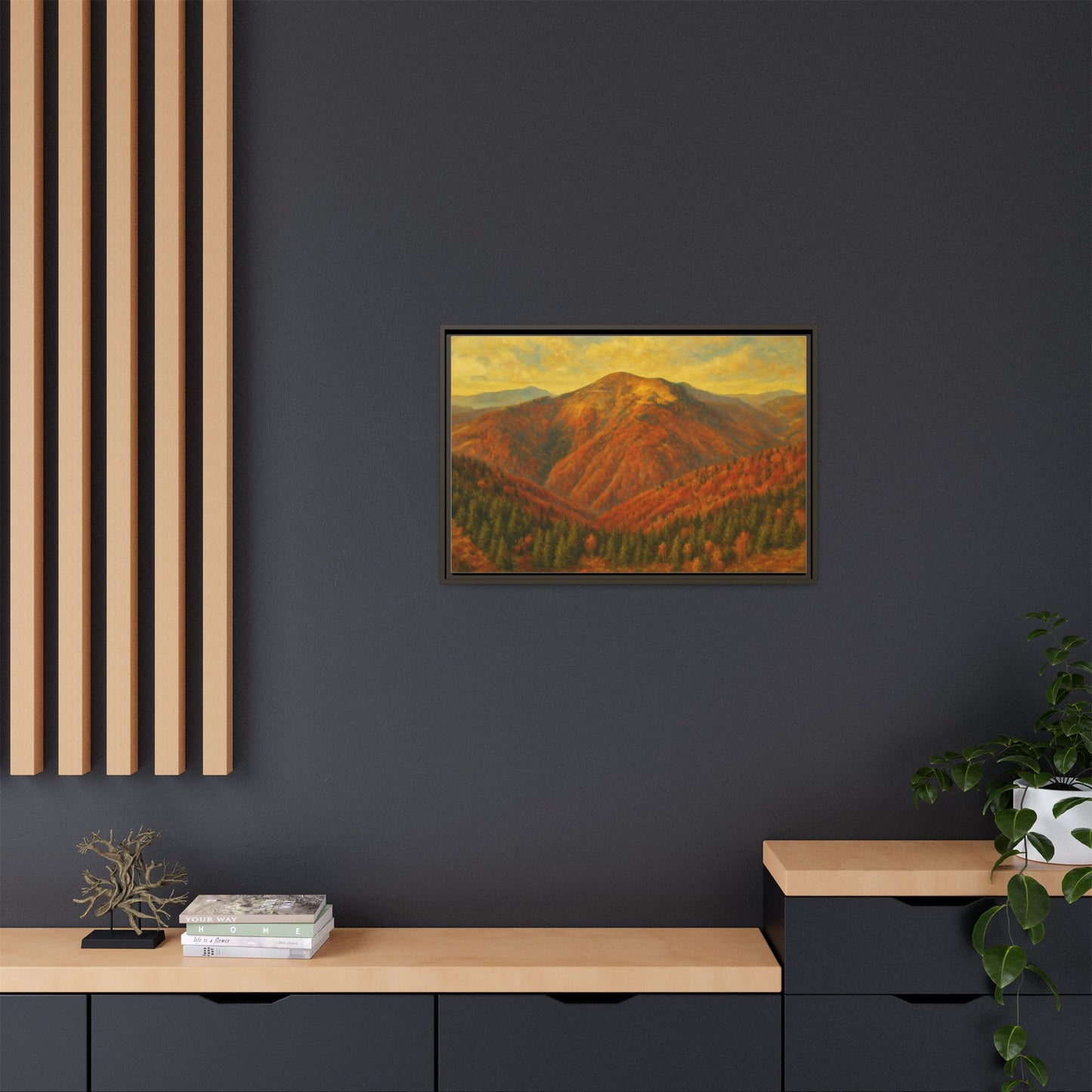 Autumn mountain matte canvas framed wall art by Printify showcasing a scenic mountain landscape in warm tones.