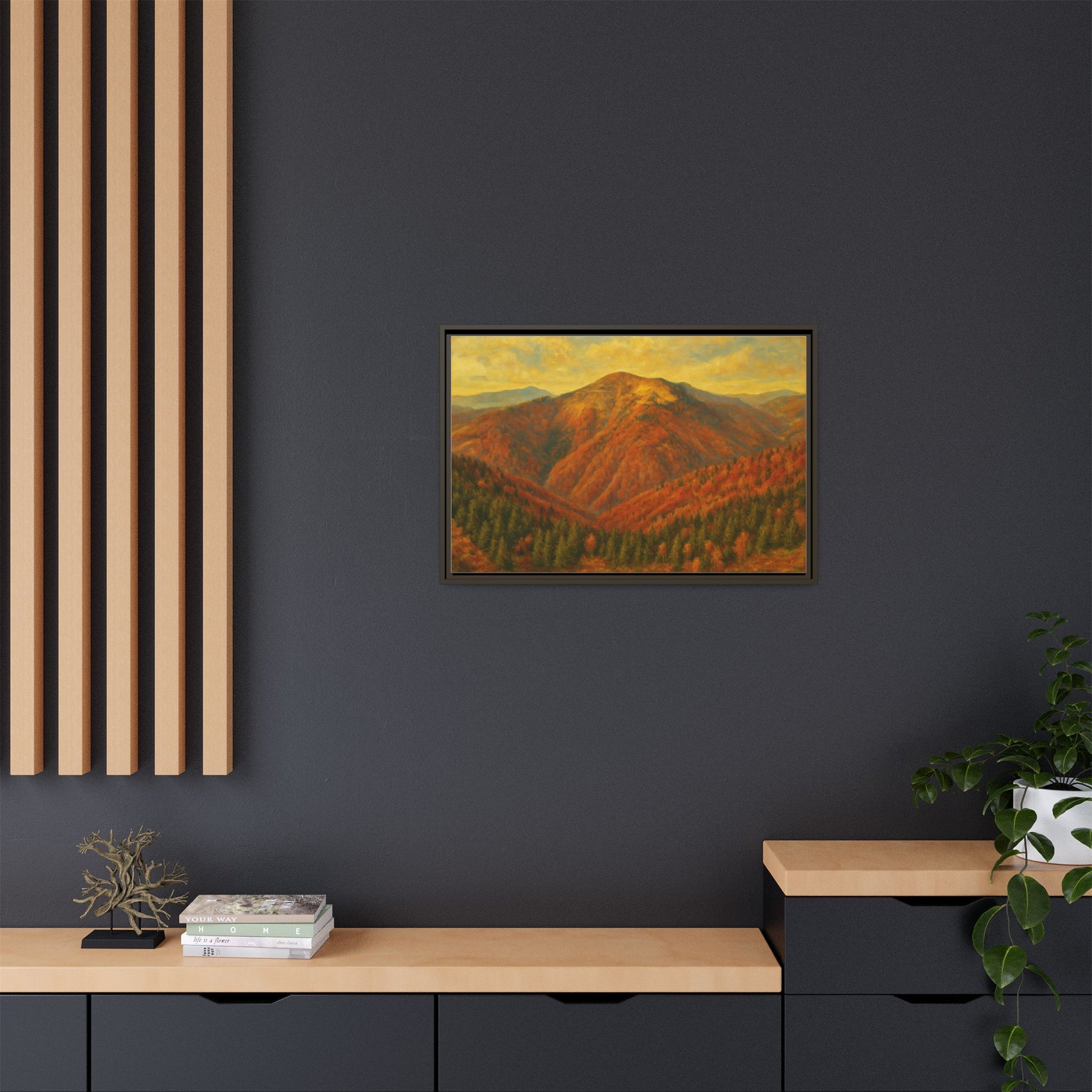 Autumn mountain matte canvas framed wall art by Printify showcasing a scenic mountain landscape in warm tones.