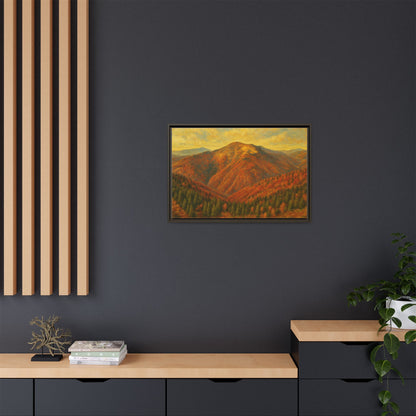 Autumn mountain matte canvas framed wall art by Printify showcasing a scenic mountain landscape in warm tones.