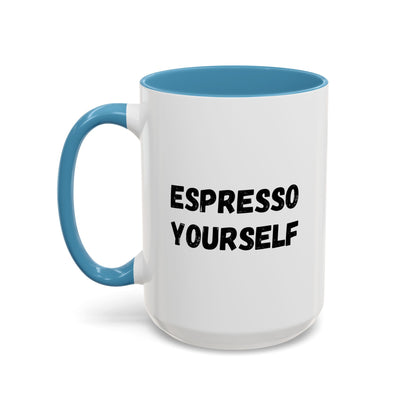 Black ceramic espresso mug with "Espresso Yourself" printed in playful font, perfect for coffee lovers.