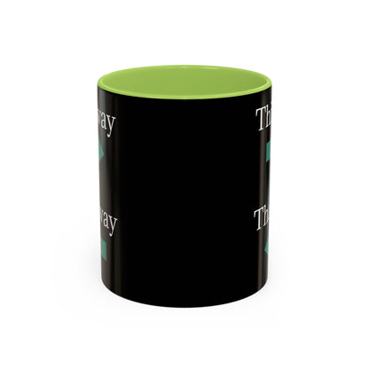 Ceramic coffee mug with "This Way or That Way" arrow design in 11oz or 15oz size, featuring a white background and colorful arrows.
