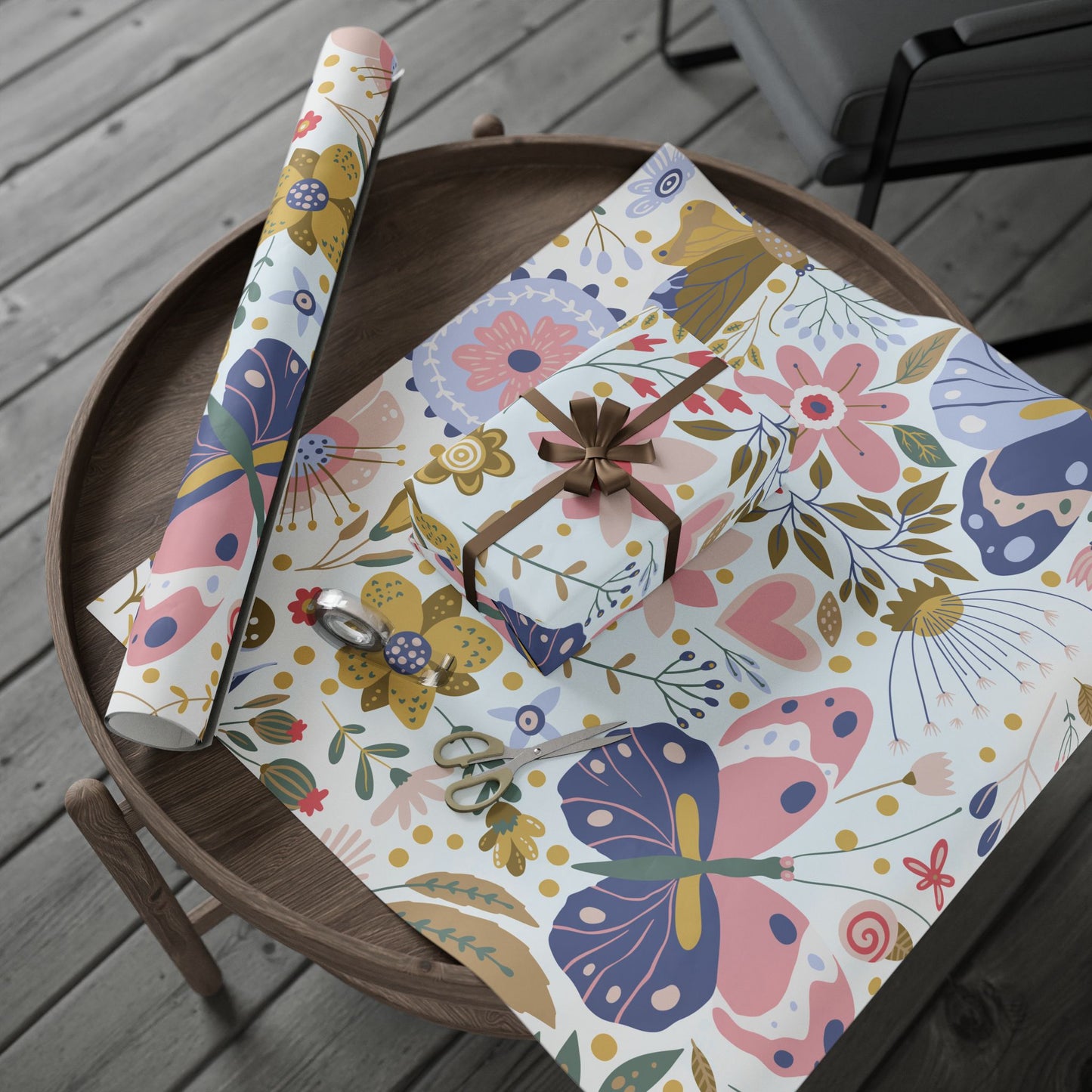 Floral Butterfly Wrapping Paper Roll — Elegant Blue & Gold Garden Gift Wrap