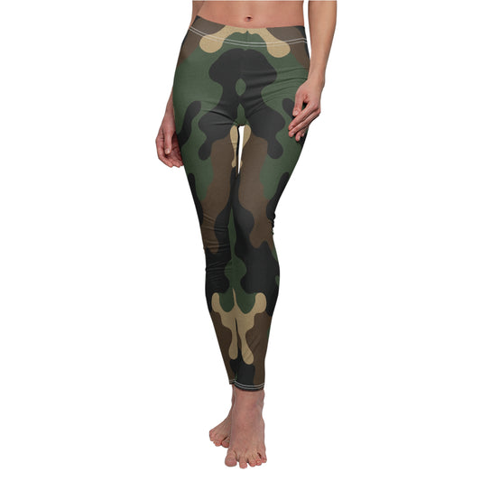 Women's camo print leggings with classic green camouflage all-over design, featuring a comfortable stretch fit from Printify.