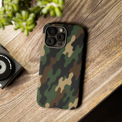 Camouflage tough phone case by Printify showing a rugged camo protective case on a smartphone.