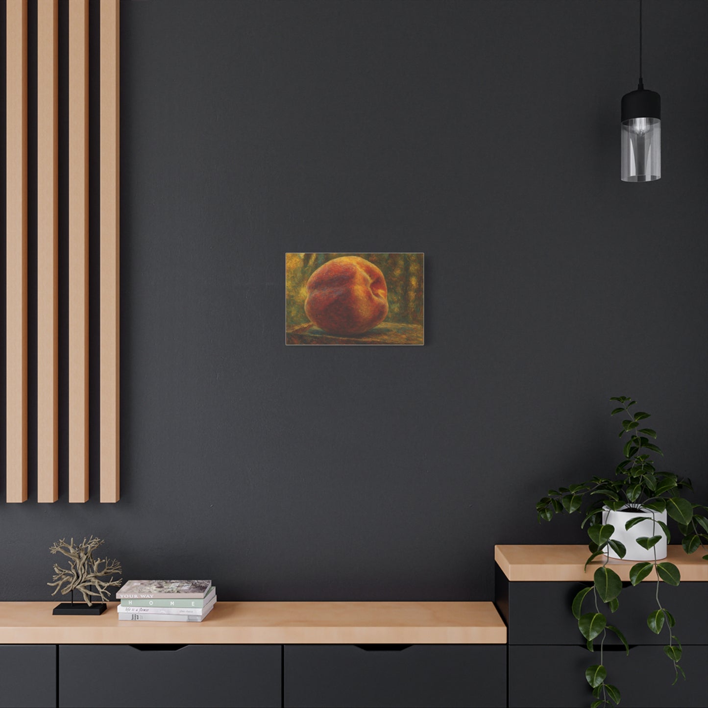 Peach still life matte canvas print by Printify, 1.25-inch stretched wall art depicting a vibrant peach scene on canvas.
