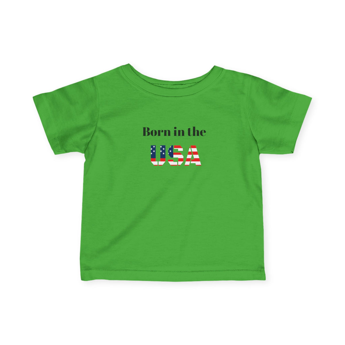 Infant baby T-shirt with "Born in the USA" patriotic design, kids clothes by Printify featuring red, white, and blue colors.