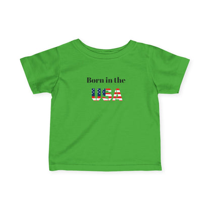 Infant baby T-shirt with "Born in the USA" patriotic design, kids clothes by Printify featuring red, white, and blue colors.