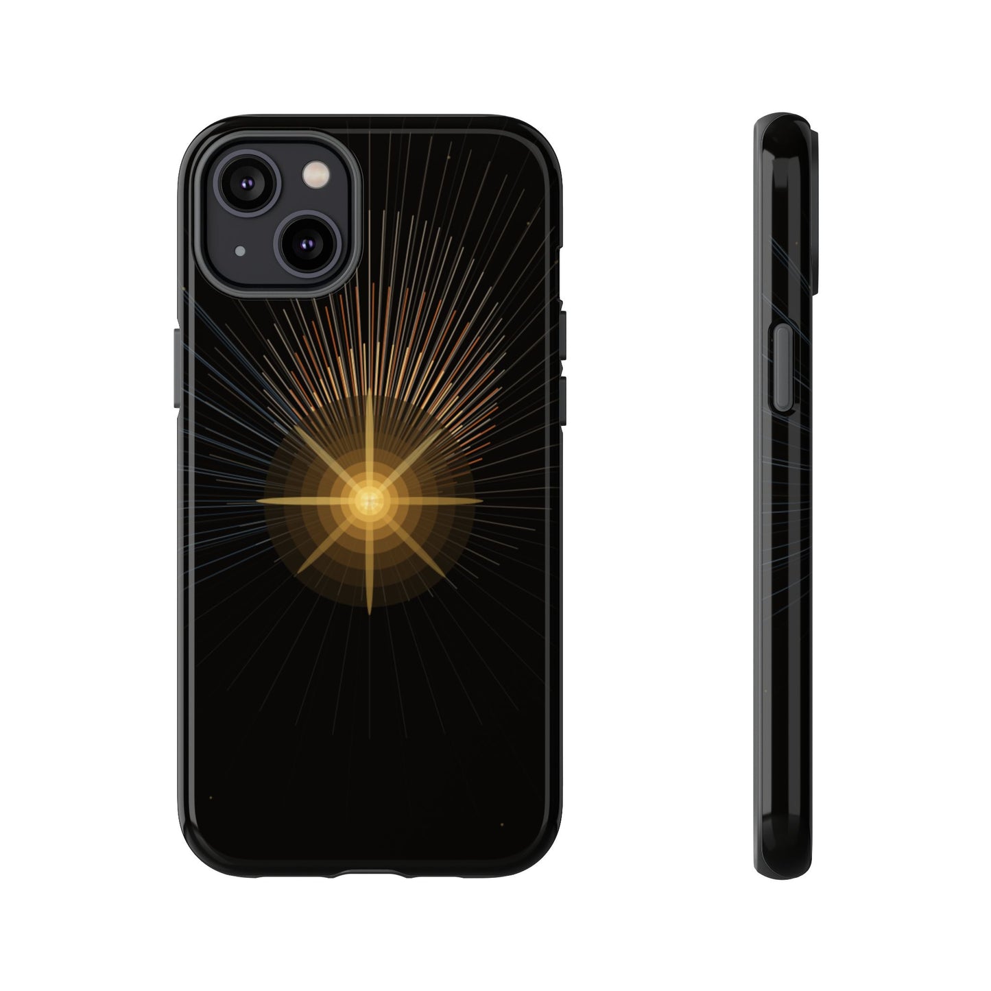 Tough Cases - Radiant Star Phone Case, Protective Black Shockproof Cover with Golden Light Design