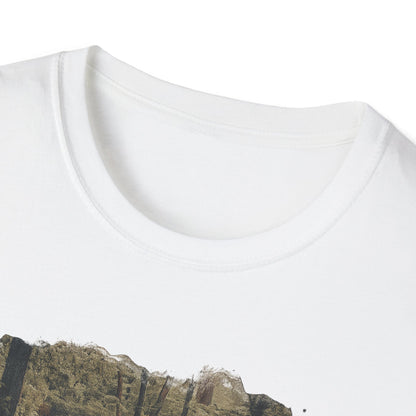 Vintage forest landscape T-shirt by Printify featuring a nature pathway design on a comfortable cotton tee.