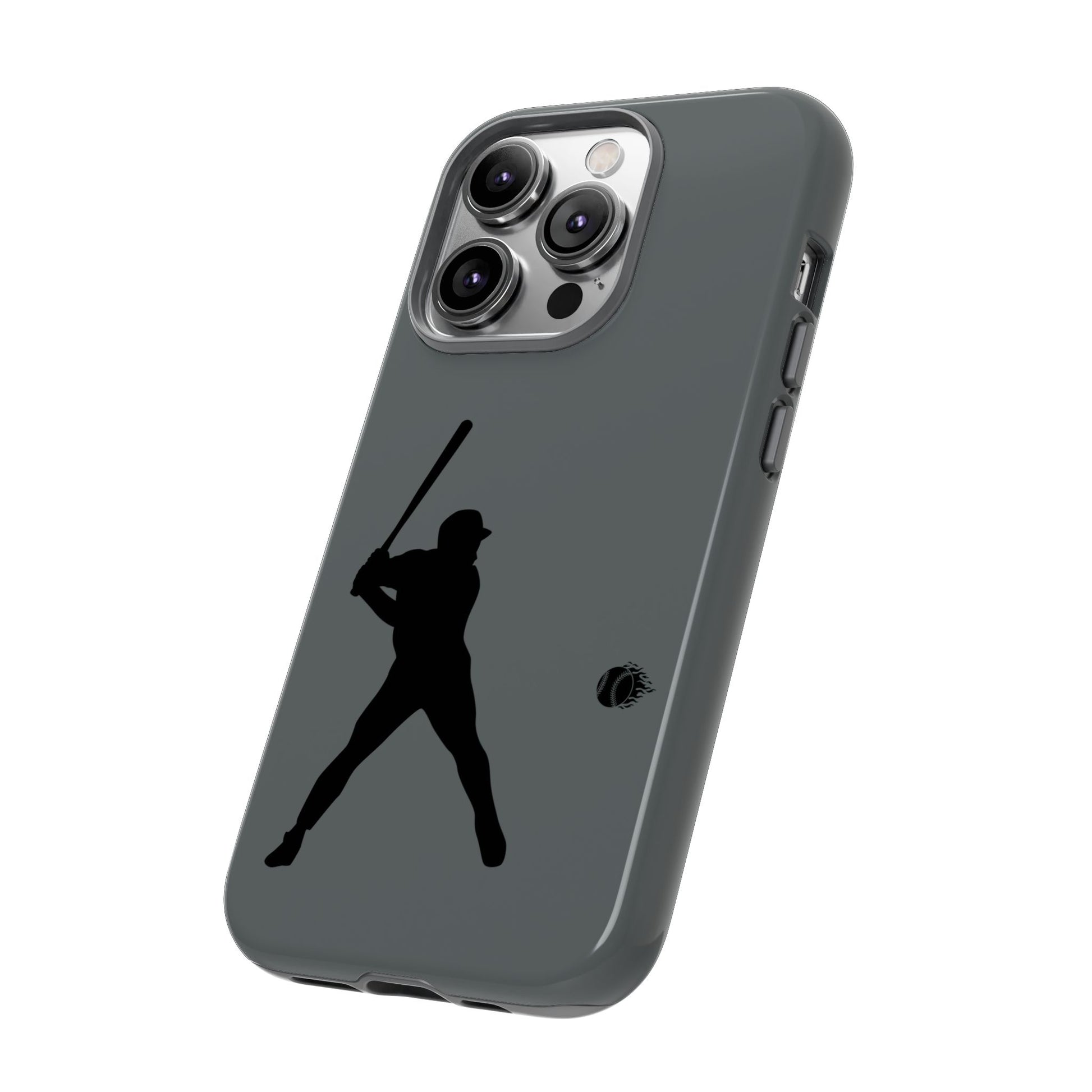 Black tough phone case with white baseball silhouette design for iPhone, offering protective and sporty style by Printify.