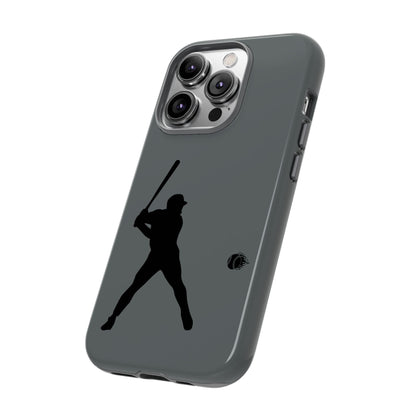 Black tough phone case with white baseball silhouette design for iPhone, offering protective and sporty style by Printify.