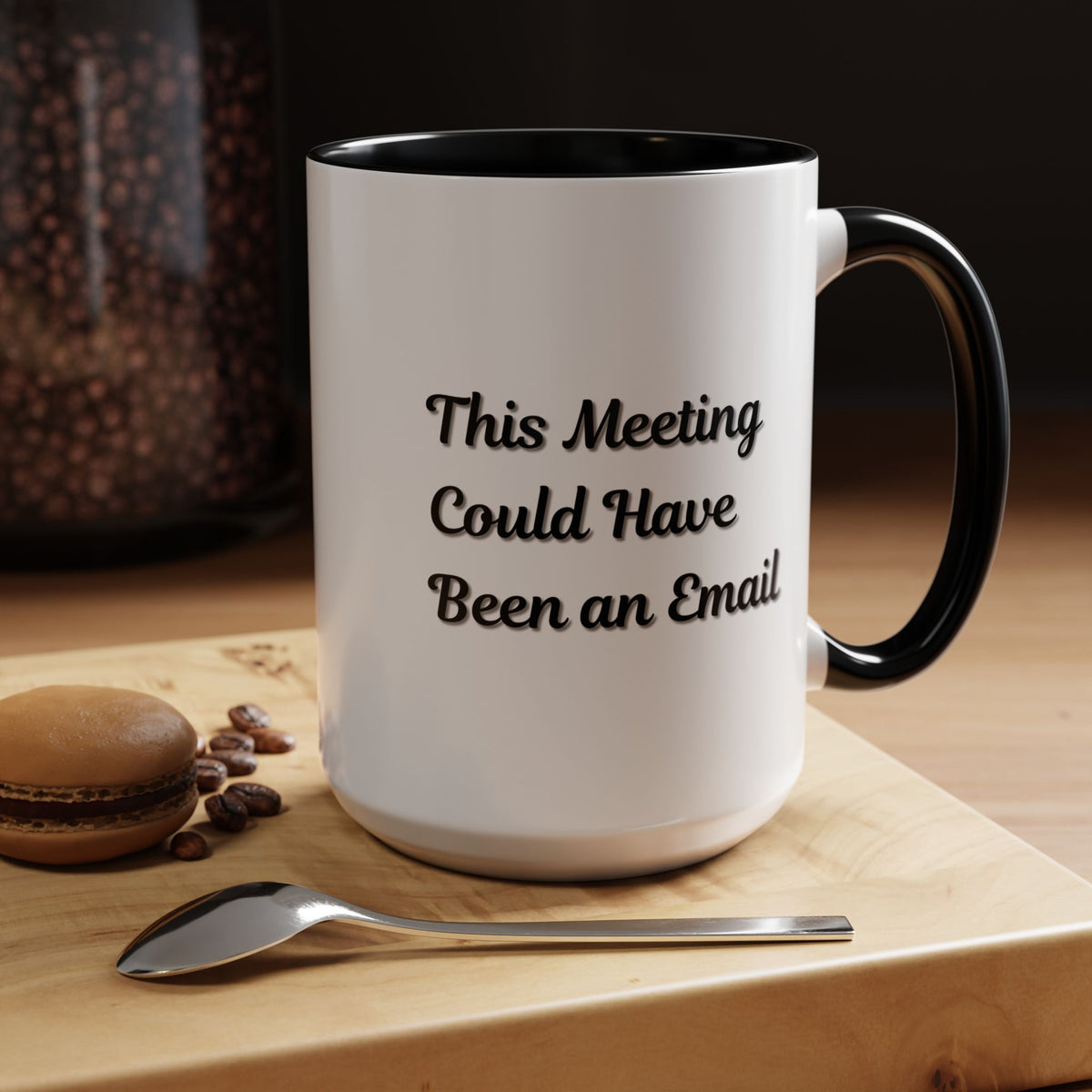 Funny office coffee mug with "This Meeting Could Have Been An Email" slogan, printed on a ceramic mug by Printify.