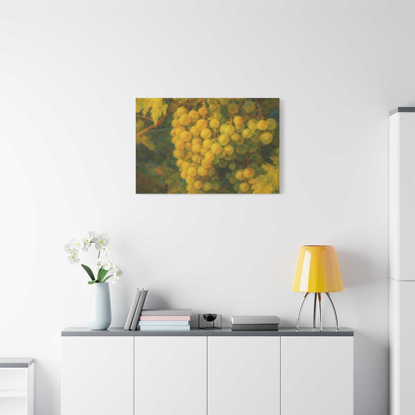 Yellow grape cluster canvas print by Printify showing a vibrant bunch of yellow grapes on canvas.