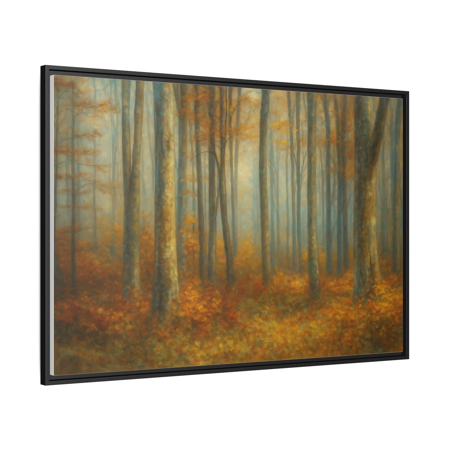 Framed Autumn Forest canvas print featuring a misty woodland scene, wall art by Printify, with warm fall colors and natural landscape.