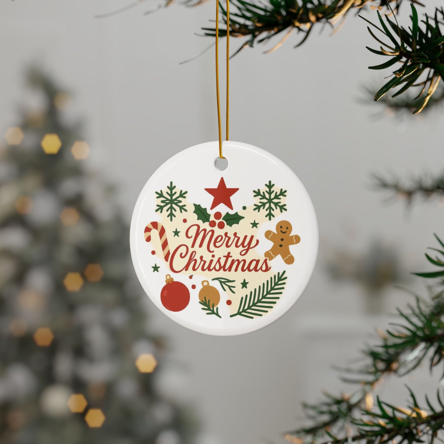 Double-sided Merry Christmas ceramic ornament with gingerbread and candy cane design, perfect for holiday tree decoration.
