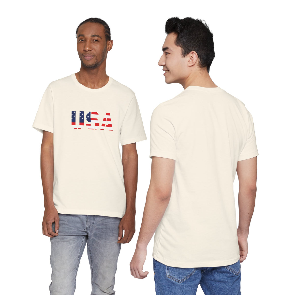USA flag text T-shirt by Printify featuring patriotic Fourth of July design, casual cotton tee with bold red, white, and blue colors.