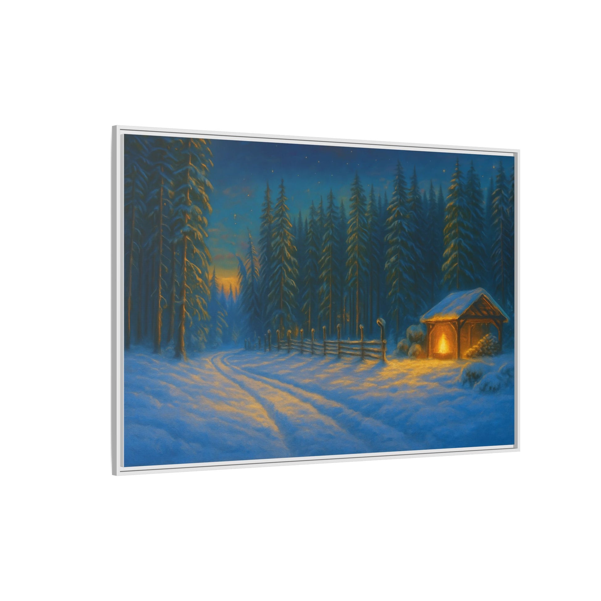 Cozy winter cabin canvas wall art by Printify depicting a snowy forest scene at evening, framed in matte finish.