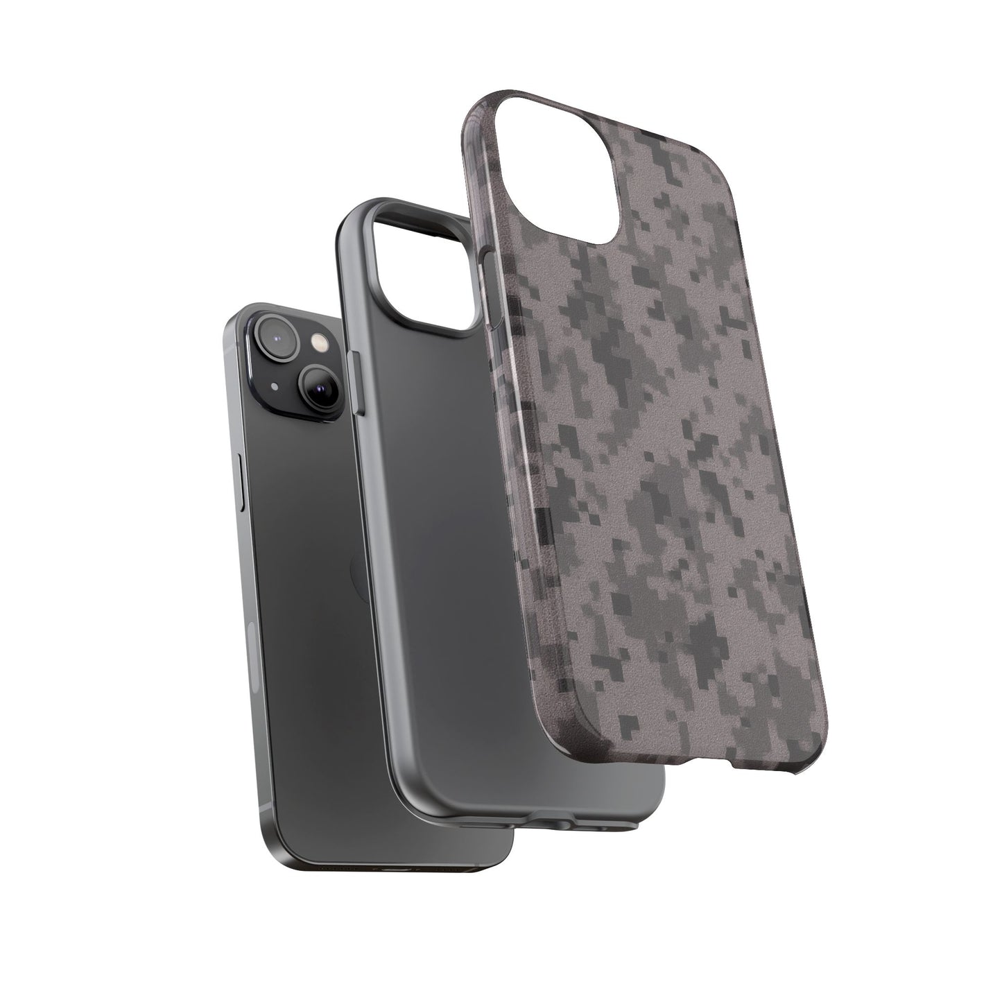 Gray digital camouflage phone case by Printify, durable protective cover for smartphones with rugged camouflage pattern.