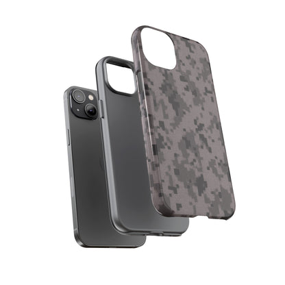 Gray digital camouflage phone case by Printify, durable protective cover for smartphones with rugged camouflage pattern.