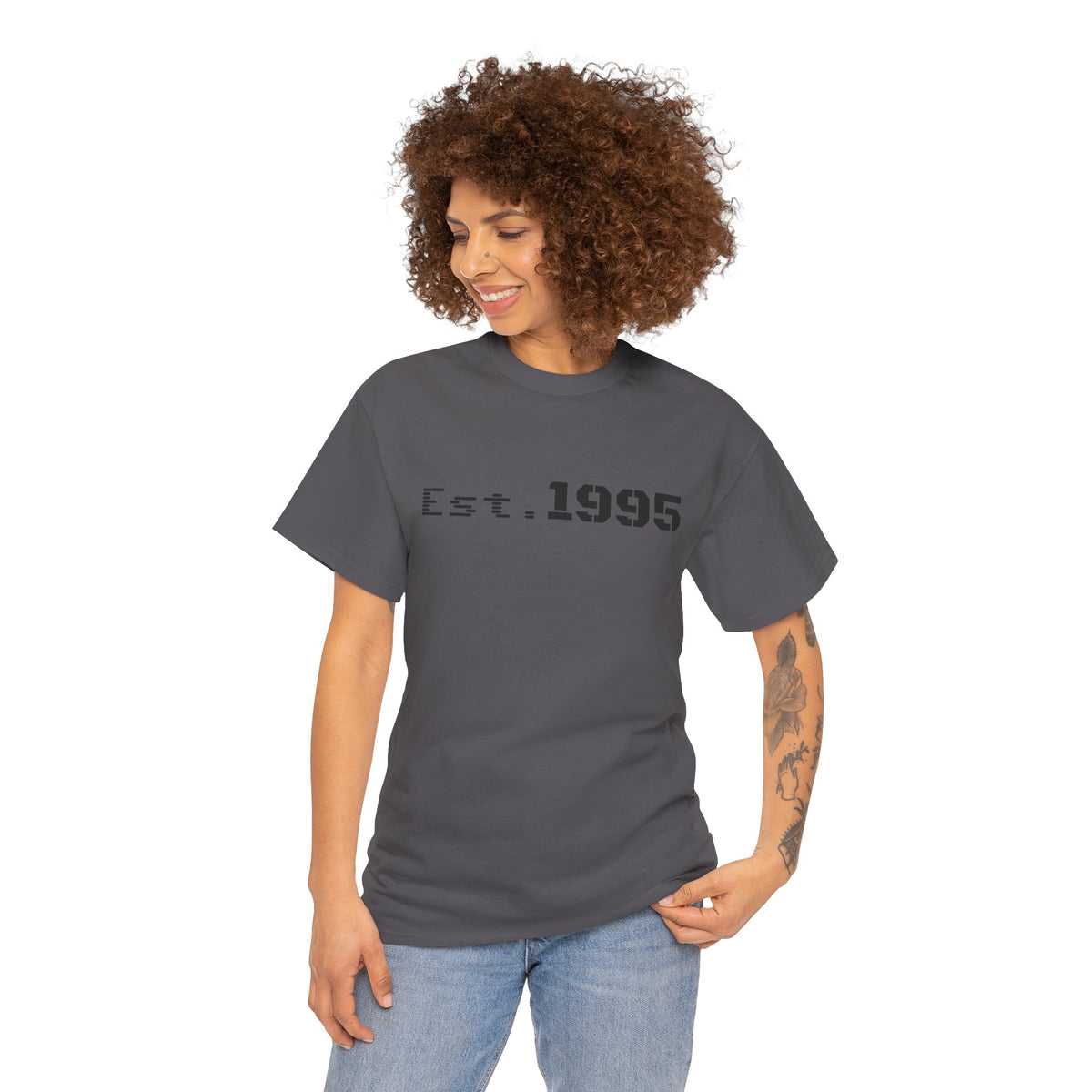 Vintage Est. 1995 T-shirt by Printify featuring minimalist design and birthday theme, displayed on a flat white surface.