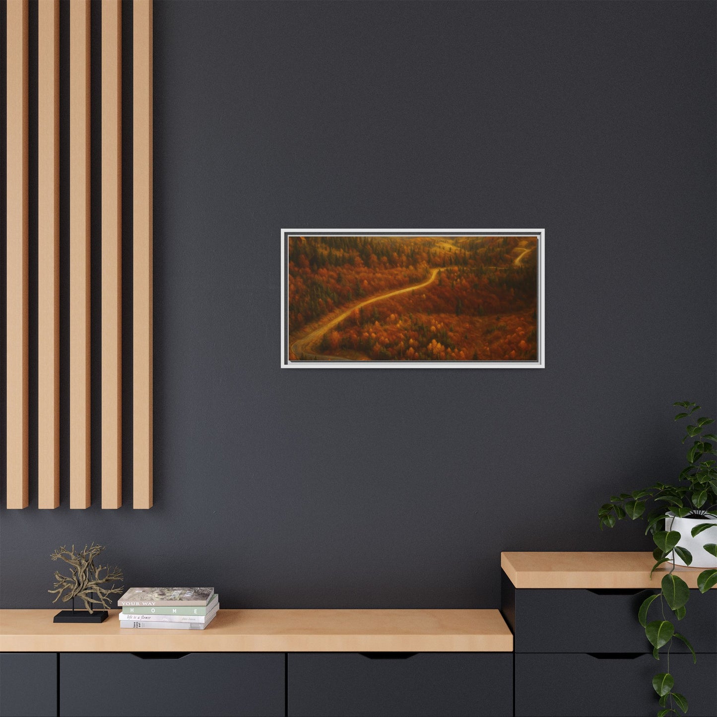 Framed matte canvas print of an autumn forest road landscape wall art by Printify, showcasing vibrant fall colors and natural scenery.
