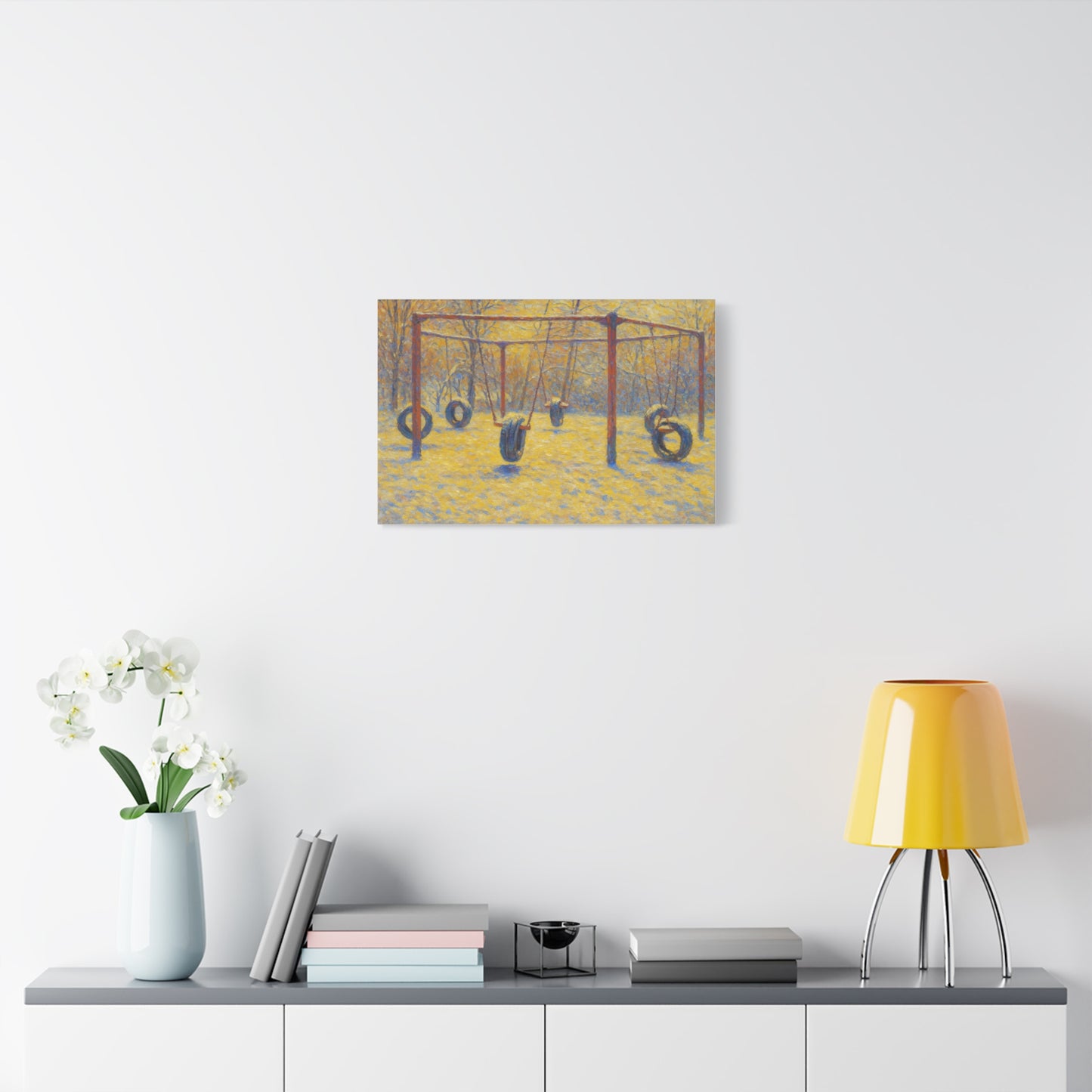 Matte stretched canvas wall art featuring a tire swing playground scene, perfect for adding playful decor to any space.