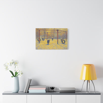 Matte stretched canvas wall art featuring a tire swing playground scene, perfect for adding playful decor to any space.