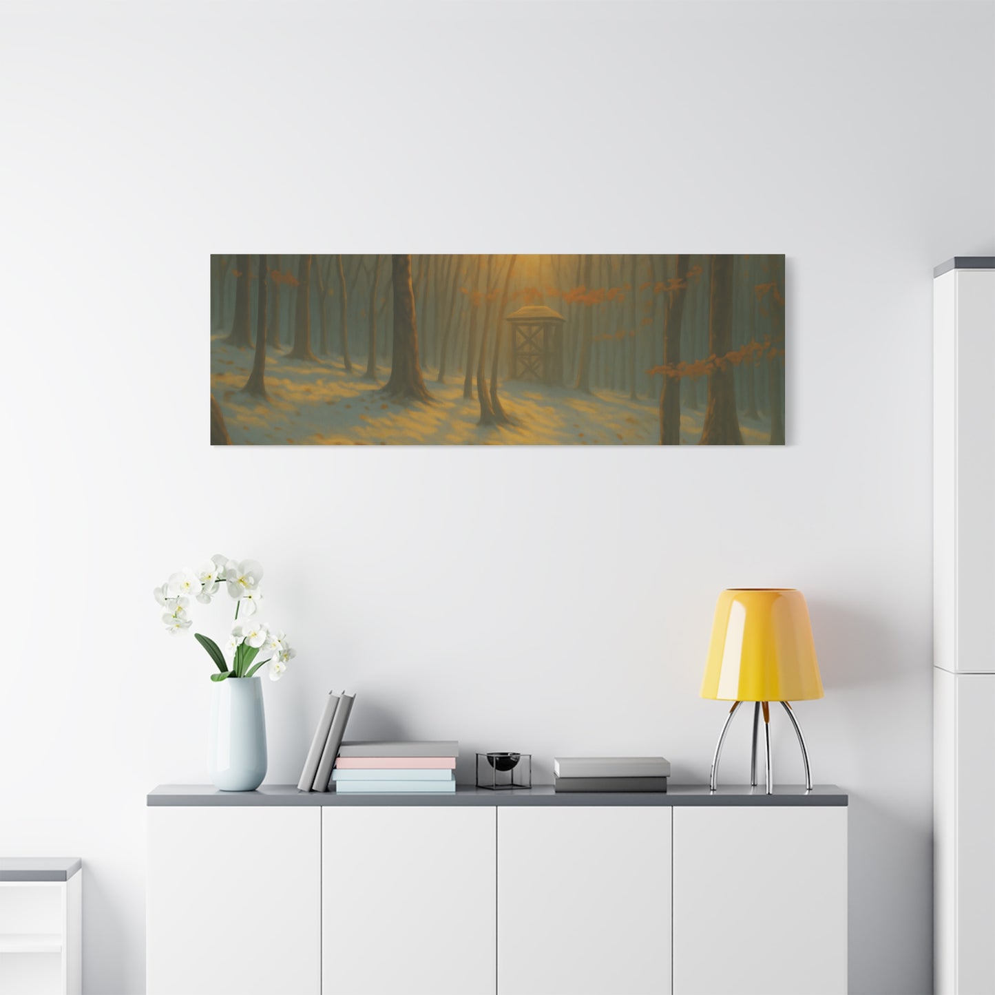 Matte stretched canvas print of Misty Forest Sunrise landscape artwork by Printify, featuring a serene forest scene at dawn