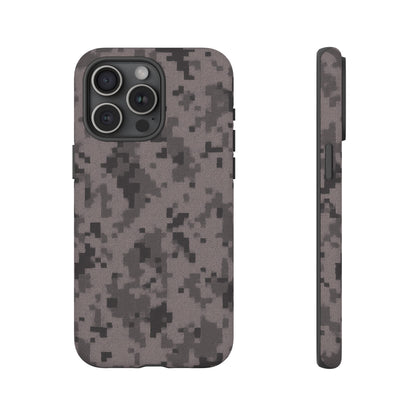 Gray digital camouflage phone case by Printify, tough protective cover for smartphones with a rugged camouflage design.