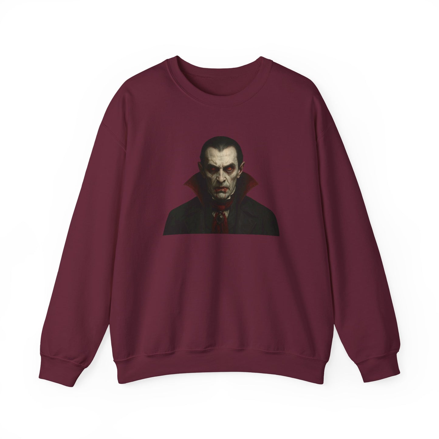 Black vampire portrait crewneck sweatshirt by Printify featuring a detailed vampire design on the front.