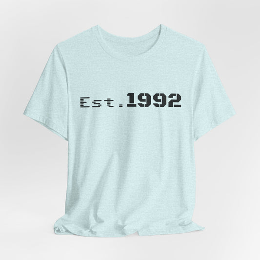 White retro vintage Est. 1992 T-Shirt by Printify with bold black text and classic design, casual short-sleeve tee for men and women.