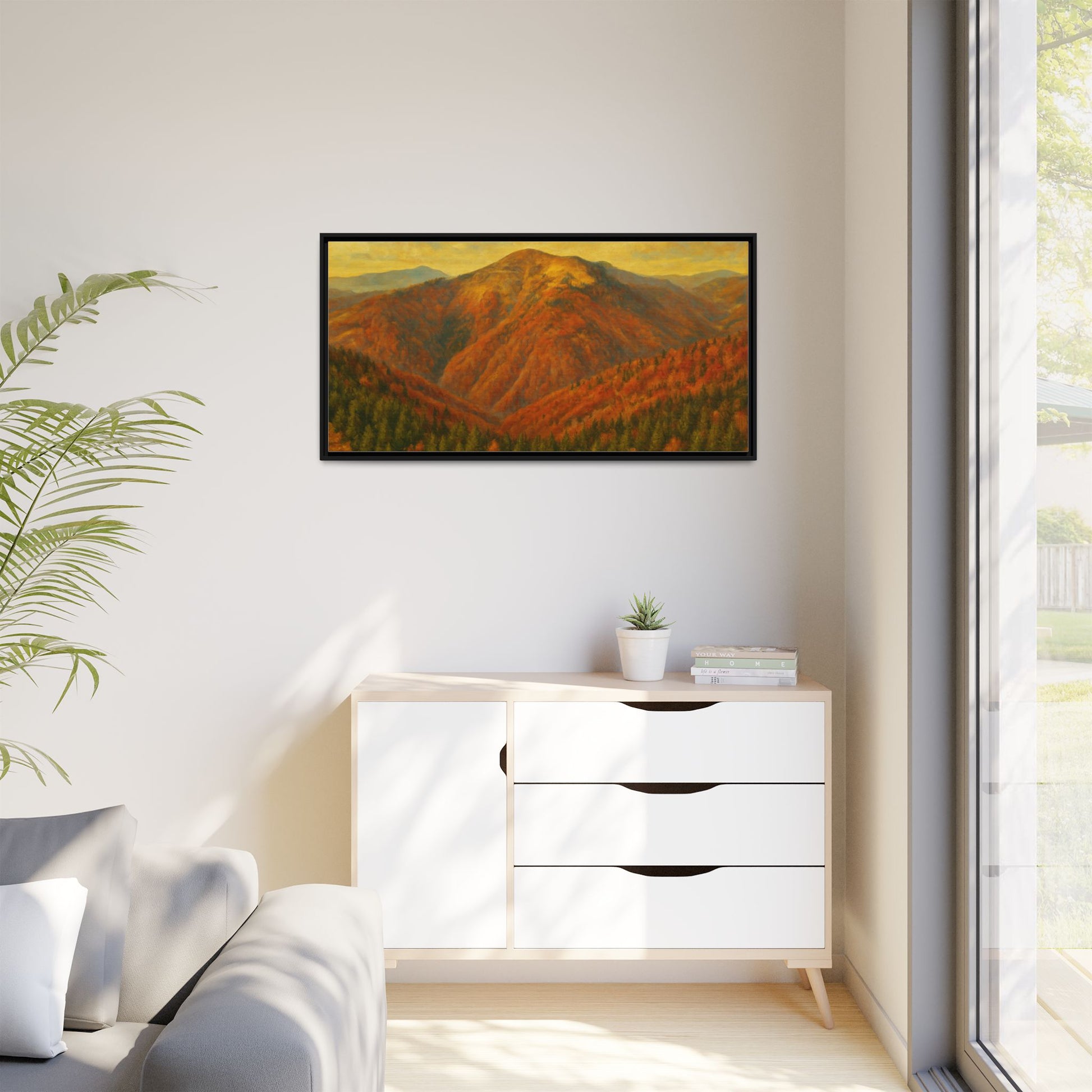 Autumn mountain matte canvas framed wall art by Printify featuring a scenic mountain landscape in warm fall colors.