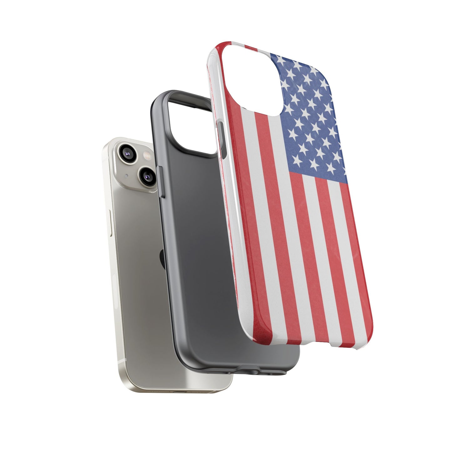 Durable American flag tough phone case for iPhone with patriotic design, made by Printify, protecting the device from drops and scratches.