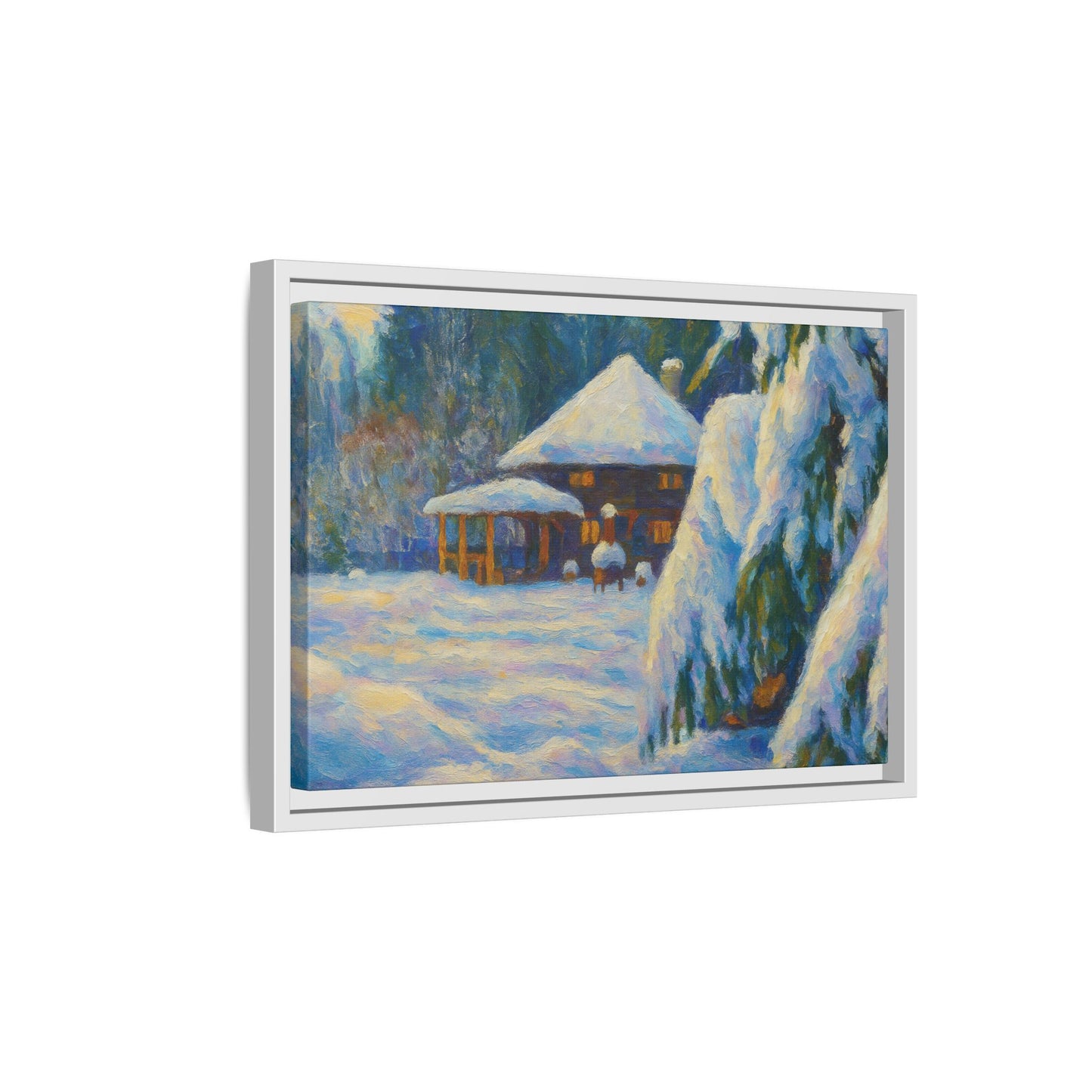 Framed matte canvas wall art featuring a snowy cabin winter landscape, perfect for cozy home decor.